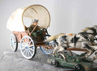 COMPOSITION UNBRANDED WW Cowboy Covered Tin Wagon Hatch Back 2 Horses Attached L - __ATONAL__