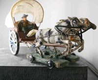 COMPOSITION UNBRANDED WW Cowboy Covered Tin Wagon Hatch Back 2 Horses Attached L - __ATONAL__